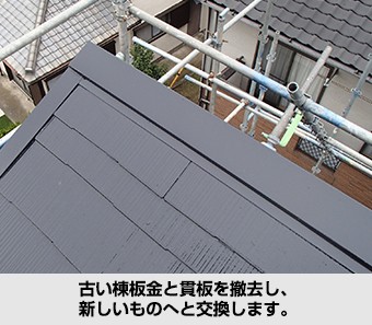 古い棟板金と貫板を撤去し、新しいものへと交換します