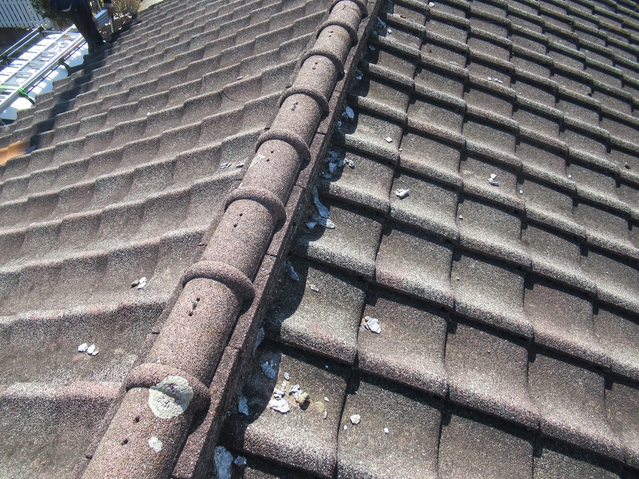 山梨市でセメント瓦屋根の漆喰の剥がれの調査を行いました