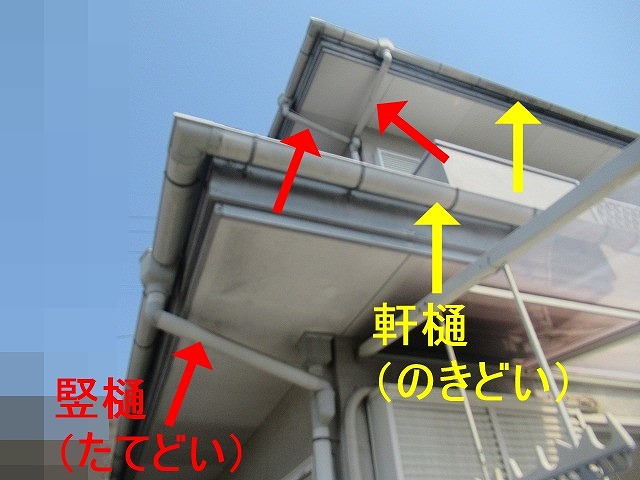 甲府市で雨樋と軒天の劣化！軒樋の歪み・竪樋のエルボ破損と金具錆び・軒天は黒ずみ！
