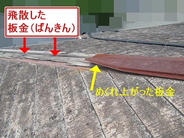南アルプス市で屋根の板金が飛散し貫板腐食有り。雨樋は歪み水が溜まっていました。