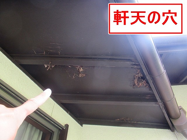 甲府市で軒天に穴、外壁の塗膜劣化、戸袋に木材のささくれ、基礎に横のひび割れを確認