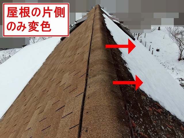 北杜市で片側のみ苔・藻が生えて変色したアスファルトシングル屋根