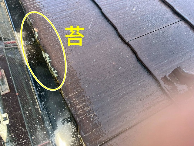 笛吹市でカバー工法前のコロニアル屋根に高圧洗浄を行う様子（苔の除去）
