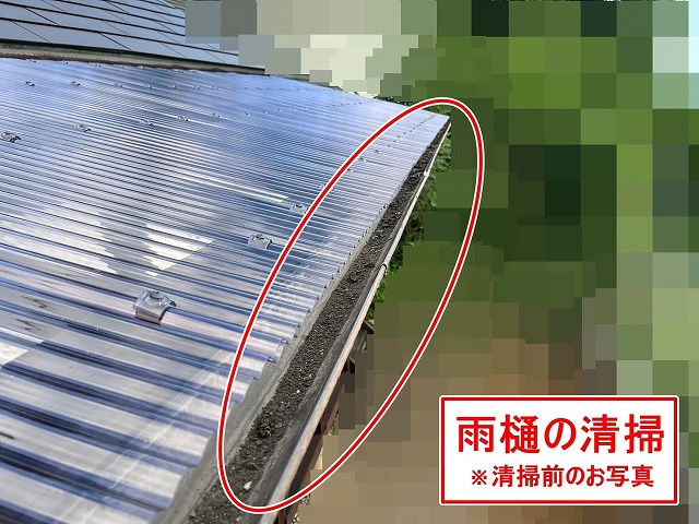 北杜市で波板屋根に設置されている雨樋を清掃する様子