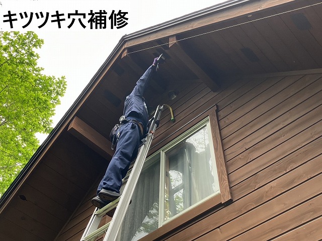 北杜市でキツツキ被害に遭い軒天にあいた穴を鋼板で応急補修工事しました