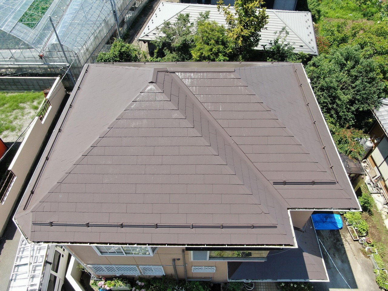 笛吹市　屋根塗装　完成写真　ドローン